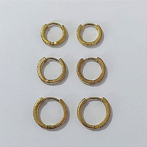 BRINCO NO BRUTO PRONTO BANHO - BRINCO TRIO ARGOLINHA DE PRESSÃO (TRANQUETA) REDONDO CRAVEJADOS EM MICROS ZIRCÔNIAS - TAMANHOS 11/13/15MM - PESO TOTAL 6,3GR - BRU24539