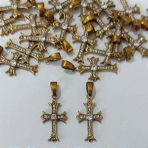 PINGENTE NO BRUTO PRONTO PARA O BANHO - (CX.16) PINGENTE CRUCIFIXO CRAVEJADO EM MICROS ZIRCÔNIAS - TAMANHO 15MM - COMPOSIÇÃO: LATÃO / ZIRCÔNIA - PESO 0,7GR - BRU24547
