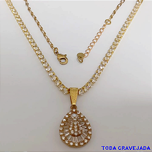 GARGANTILHA NO BRUTO PRONTO PARA O BANHO (COM PINGENTE TODO CRAVEJADO )(CX154)- TAMANHO 45CM+EXTENSOR - LARGURA 3MM - 60% LATÃO 40% ZIRCONIA - BRU24373