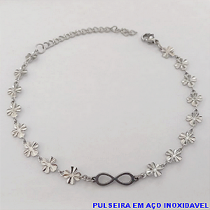 PULSEIRA EM AÇO INOXIDAVEL (CX154)- COM CORRENTE DE TREVO COM UM INFINITO NO MEIO)(TAMANHO 18CM+EXTENSOR - COM FECHO ALGOSTA - AÇO0314