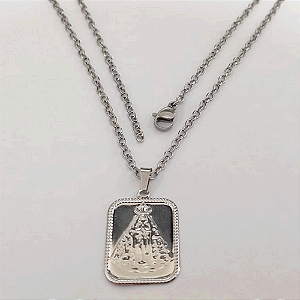 GARGANTILHA EM AÇO INOXIDAVEL(CX154) COM *(CORRENTE CADEADO DE 5OCM)*( C3.1074A1)COM FECHO LAGOSTA-(PLACA 2X1,5CM INOX PLACA Na Sa APARECIDA.(- AÇO0317