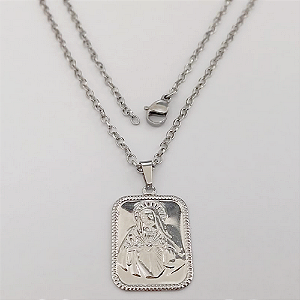 GARGANTILHA EM AÇO INOXIDAVEL(CX154) COM *(CORRENTE CADEADO DE 5OCM)*(C3.1073A1 )COM FECHO LAGOSTA-(PLACA 2X1,5CM - PLACA CORAÇÃO MARIA .(- AÇO0318