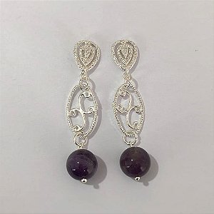 BRINCO FOLHEADO A PRATA COM 50 MILÉSIMOS + VERNIZ DIAMOND - BRINCO DE DE PINO BASE GOTA TRABALHADA E VAZADA COM PEDRAS NATURAIS 12MM PRA854