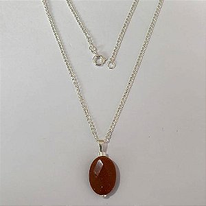 GARGANTILHA FOLHEADA A PRATA COM 50 MILÉSIMOS + VERNIZ DIAMOND - GARGANTILHA CORRENTE 45CM E PINGENTE EM PEDRA NATURAL 18MM - PRA860