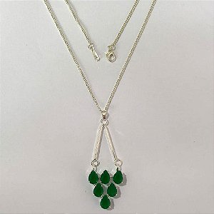GARGANTILHA FOLHEADA A PRATA COM 50 MILÉSIMOS + VERNIZ DIAMOND - GARGANTILHA CORRENTE 45CM E PINGENTE EM PEDRAS GEOMÉTRICAS VERDES 50MM - PRA864