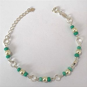 PULSEIRA FOLHEADA A PRATA COM 50 MILÉSIMOS + VERNIZ DIAMOND - PULSEIRA COM PÉROLAS E MIÇANGAS - TAMANHO 18CM + EXTENSOR - PRA867