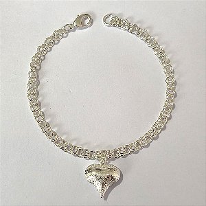 PULSEIRA FOLHEADA A PRATA COM 50 MILÉSIMOS + VERNIZ DIAMOND - PULSEIRA COM CORAÇÃO DUPLO 15MM - TAMANHO 18CM - PRA868