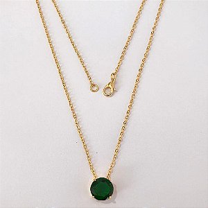 GARGANTILHA FOLHEADA A OURO - BANHADO COM 5 MILÉSIMOS + VERNIZ DIAMOND - CORRENTE CADEADO 45CM E PINGENTE EM ZIRCÔNIA REDONDA VERDE ESCURA 10MM - OURO1175