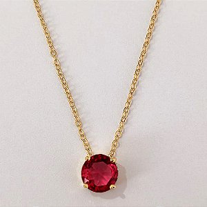 GARGANTILHA FOLHEADA A OURO - BANHADO COM 5 MILÉSIMOS + VERNIZ DIAMOND - CORRENTE CADEADO 45CM E PINGENTE EM ZIRCÔNIA REDONDA ROSA 10MM - OURO1245