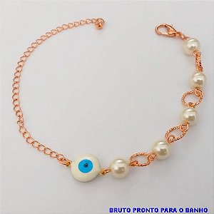 PULSEIRA NO BRUTO PRONTO PARA O BANHO(CX157) PULSEIRA COM CORRENTE PEROLA E OLHO GREGO ( PESO 3.2GR (BRU24610