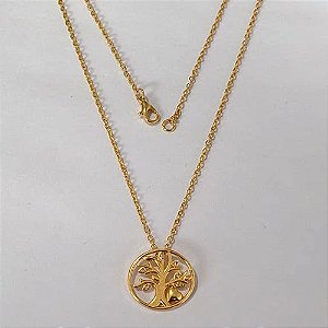 GARGANTILHA FOLHEADA A OURO - BANHADO COM 5 MILÉSIMOS + VERNIZ DIAMOND - CORRENTE CADEADO 45CM E PINGENTE EM ÁRVORE DA VIDA COM ZIRCÔNIAS 17MM - OURO1251