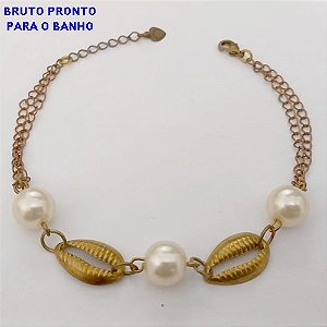 PULSEIRA NO BRUTO PRONTO PARA O BANHO(CX158)- PULSEIRA DELICADA COM BUZIOS E PEROLAS 10MM- TAMANHO 18CM- PESO TOTAL 4,2GR - BRU24655