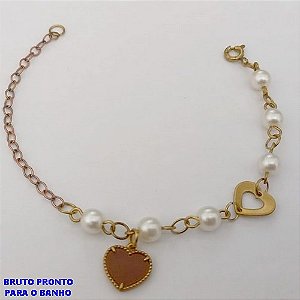 PULSEIRA NO BRUTO PRONTO PARA O BANHO(CX159)- COM PEROLA DE 4MM E CORAÇÃO DE 10MM / TAMANHO 18CM - PESO TOTAL 2,7GR - BRU24691