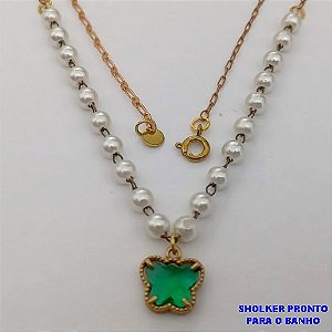 SHOCKER NO BRUTO PRONTO PARA O BANHO(CX160)- EM PEROLA DE 10MM PINGENTE DE BORBOLETA EM VIDRO / TAMANHO 40CM - PESO TOTAL 3.8GR - BRU24696