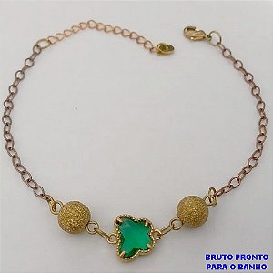 PULSEIRA NO BRUTO PRONTO PARA O BANHO(CX160)- COM BOLAS EM LATÃO DIAMANTADA E UMA BORBOLETA DE VIDRO/ TAMANHO 18CM+EXTENSOR - PESO TOTAL 2,4GR - BRU24713