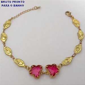 PULSEIRA NO BRUTO PRONTO PARA O BANHO(CX160)- TODA EM CHAPINHA DESENHADA COM DUAS BORBOLETAS DE VIDRO)/TAMANHO 18CM+EXTENSOR - PESO TOTAL 6.7GR - BRU24720