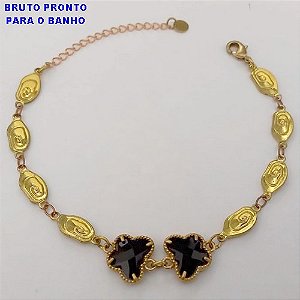 PULSEIRA NO BRUTO PRONTO PARA O BANHO(CX160)- TODA EM CHAPINHA DESENHADA COM DUAS BORBOLETAS DE VIDRO)/TAMANHO 18CM+EXTENSOR - PESO TOTAL 6.7GR - BRU24723