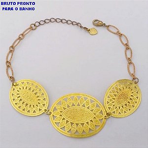 PULSEIRA NO BRUTO PRONTO PARA O BANHO(CX161)- PULSEIRA TIPO BRACELETE COM TREIS CHAPA E CORRENTE 1X1 COM FECHO LAGOSTA 18CM+EXTENSOR)- PESO TOTAL 4.6GR - BRU24735