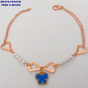 PULSEIRA NO BRUTO PRONTO PARA O BANHO(CX161)- PULSEIRA SIMPLES E DELICADA COM PEROLAS DE 2MM E UMA BORBOLETA/ 18CM / COM CORRENTE DUPLA)- PESO TOTAL 2.2GR - BRU24738