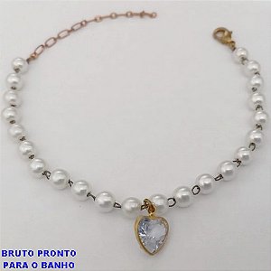 PULSEIRA NO BRUTO PRONTO PARA O BANHO(CX161)- PULSEIRA TODA EM PEROLA DE 2MM E UM CORAÇÃO DE 8MM EM ZIRCONIA / TAMANHO 18CM/ - PESO TOTAL 2,8GR - BRU24748