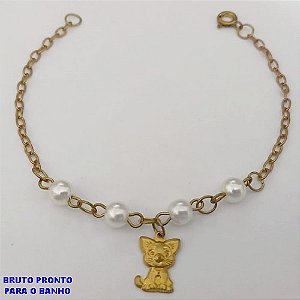 PULSEIRA NO BRUTO PRONTO PARA O BANHO(CX161)- PULSEIRA COM PEROLA DE 2MM E UM PINGENTE DE GATINHO 8MM / TAMANHO 18CM/ - PESO TOTAL 2,2GR - BRU24749