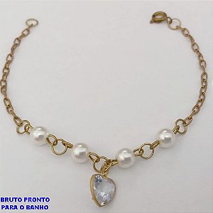 PULSEIRA NO BRUTO PRONTO PARA O BANHO(CX161)- PULSEIRA COM PEROLA DE 2MM E UM PINGENTE DE CORAÇÃO EM ZIRCONIA 8MM / TAMANHO 18CM/ - PESO TOTAL 2,3GR - BRU24750