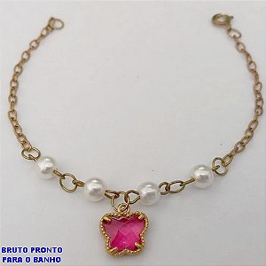 PULSEIRA NO BRUTO PRONTO PARA O BANHO(CX161)- PULSEIRA COM PEROLA DE 2MM E UM PINGENTE DE BORBOLETA EM VIDRO 10MM / TAMANHO 18CM/ - PESO TOTAL 2,3GR - BRU24751