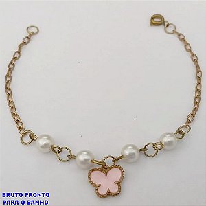 PULSEIRA NO BRUTO PRONTO PARA O BANHO(CX161)- PULSEIRA COM PEROLA DE 2MM E UM PINGENTE DE BORBOLETA EM RESINA 10MM / TAMANHO 18CM/ - PESO TOTAL 2,3GR - BRU24752