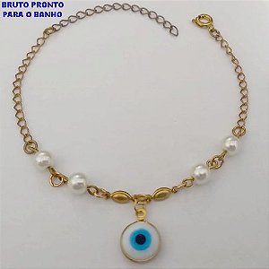 PULSEIRA NO BRUTO PRONTO PARA O BANHO(CX161)- PULSEIRA COM PEROLA DE 2MM E UM PINGENTE DE DE OLHO GREGO 10MM / TAMANHO 18CM+EXTENSOR / - PESO TOTAL 2,3GR - BRU24756
