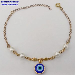 PULSEIRA NO BRUTO PRONTO PARA O BANHO(CX161)- PULSEIRA COM PEROLA DE 2MM E UM PINGENTE DE DE OLHO GREGO 10MM / TAMANHO 18CM+EXTENSOR / - PESO TOTAL 2,3GR - BRU24757