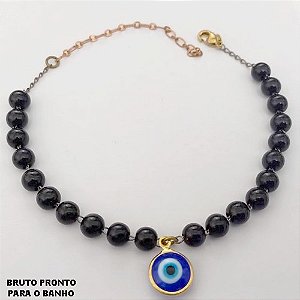 PULSEIRA NO BRUTO PRONTO PARA O BANHO(CX161)- PULSEIRA SIMPLES E DELICADA COM PEROLA NEGRA 4MM E PLHO GREGO DE 10MM / TAMANHO 18CM+EXTENSOR / - PESO TOTAL 3.5GR - BRU24775