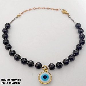 PULSEIRA NO BRUTO PRONTO PARA O BANHO(CX161)- PULSEIRA SIMPLES E DELICADA COM PEROLA NEGRA 4MM E PLHO GREGO DE 10MM / TAMANHO 18CM+EXTENSOR / - PESO TOTAL 3.5GR - BRU24776