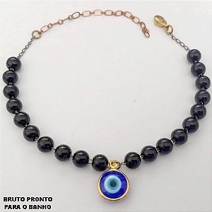 PULSEIRA NO BRUTO PRONTO PARA O BANHO(CX161)- PULSEIRA SIMPLES E DELICADA COM PEROLA NEGRA 4MM E PLHO GREGO DE 10MM / TAMANHO 18CM+EXTENSOR / - PESO TOTAL 3.5GR - BRU24777