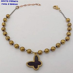 PULSEIRA NO BRUTO PRONTO PARA O BANHO(CX161)- PULSEIRA SIMPLES E DELICADA COM BOLAS 100% LATÃO 3MM E PINGENTE DE BORBOLETA NEGRA DE 10MM / TAMANHO 18CM+EXTENSOR / - PESO TOTAL 5.5GR - BRU24780