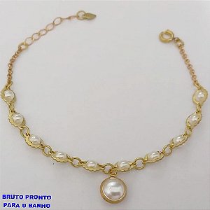 PULSEIRA NO BRUTO PRONTO PARA O BANHO(CX161)- PULSEIRA SIMPLES E DELICADA COM PEROLAS E PINGENTE DE PEROLA E UM PINGENTE DE PEROLA DUPLA / - PESO TOTAL 2,6GR - BRU24785