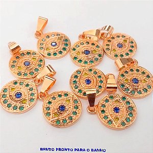 PINGENTE NO BRUTO PRONTO PARA O BANHO(CX164)- PINGENTE REDONDO DE 12MM CRAVEJADO (VERDE/AZUL/AMARELO)) "BRASIL" (PESO 1.2GR ) BRU24853