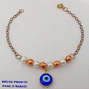 PULSEIRA NO BRUTO PRONTO PARA O BANHO (CX165)- PULSEIRA SIMPLES E DELICADA COM PEROLAS E OLHO GREGO (PESO 2.4GR ) BRU24881