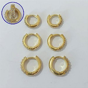 BRINCO NO BRUTO PRONTO PARA O BANHO LATÃO(CX165) - TRIO DE BRINCO REDONDO 2 FILEIRAS DE MICRO ZIRCÔNIAS - TAMANHOS - 13/12/10MM - PESO TOTAL 5,5GR - BRU30001