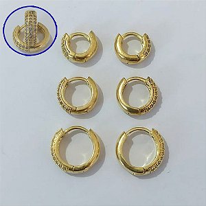 BRINCO NO BRUTO PRONTO PARA O BANHO LATÃO - TRIO DE BRINCO REDONDO 3 FILEIRAS DE MICRO ZIRCÔNIAS - TAMANHOS - 13/12/10MM - PESO TOTAL 6,5R - BRU30002