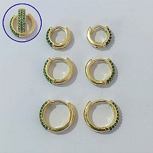 BRINCO NO BRUTO PRONTO PARA O BANHO LATÃO - TRIO DE BRINCOS REDONDOS 3 FILEIRAS MICRO ZIRCÔNIAS VERDES - TAMANHOS - 14/12/10MM - PESO TOTAL 5,5GR - BRU30007