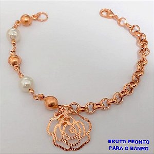 PULSEIRA NO BRUNTO PRONTO PARA O BANHO(CX165) -PULSEIRA LATÃO CORRENTE CADEADO E PEROLAS DE 8MM ) PESO 6.3GR -TAMANHO 18CM - BRU24910