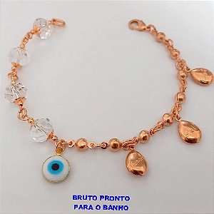 PULSEIRA NO BRUNTO PRONTO PARA O BANHO(CX165) -PULSEIRA LATÃO COM CRISTAL DE 10MM SEXTAVADO E OLHO GREGO DE 10MM E SACO DA FELICIDADE ) PESO 10.4GR -TAMANHO 18CM - BRU24911