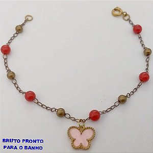 PULSEIRA NO BRUTO PRONTO PARA O BANHO(CX167)TODA EM CONTAS DE LATÃO E BOLINHAS DE RESINA COM MUMA BORBOLETA (TAMANHO 18CM) PESO 1,8GR - BRU24921