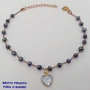 PULSEIRA NO BRUTO PRONTO PARA O BANHO(CX167)TODA EM CONTAS DE PORCELANA NEGRA E UM CORAÇÃO EM ZIRCONIA(TAMANHO 18CM)PESO 2.6GR - BRU24926