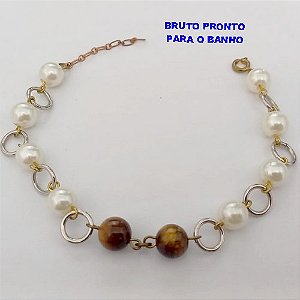 PULSEIRA NO BRUTO PRONTO PARA O BANHO(CX167)PULSEIRA TODA EM PEROLAS E DUAS PEDRA NATURAL OLHO DE TIGRE) (TAMANHO 18CM)PESO 4.9GR - BRU24931