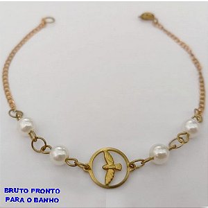 PULSEIRA NO BRUTO PRONTO PARA O BANHO(CX167)PULSEIRA COM PEROLAS DE 4MM E PINGENTE DO ESPIRITO SANTO ( (TAMANHO 18CM)PESO 1.9GR - BRU24937