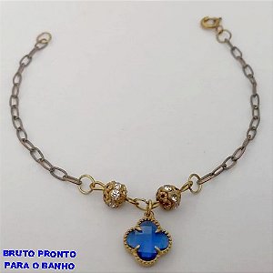 PULSEIRA NO BRUTO PRONTO PARA O BANHO(CX167)PULSEIRA BOLA DE CRISTAL E TREVO DE VIDRO 10MM( (TAMANHO 18CM)PESO 2.3GR - BRU24942