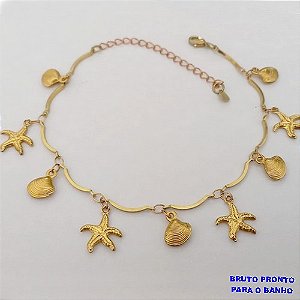 PULSEIRA NO BRUTO PRONTO PARA O BANHO(CX167)PULSEIRA COM CONCHAS E ESTRELA DO MAR ( (TAMANHO 18CM+EXTENSOR)PESO 3.9GR BRU24944