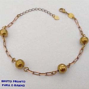 PULSEIRA NO BRUTO PRONTO PARA O BANHO(CX168) PULSEIRA COM BOLAS DE 8MM E CORRENTE CARTIER FECHO LAGOSTA(18CM+ EXTENSOR - PESO 3.9GR - BRU24985