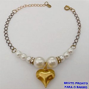 PULSEIRA NO BRUTO PRONTO PARA O BANHO(CX168) PULSEIRA DE PEROLAS COM CRISTAL E UM CORAÇÃO DE 1,5CM (TAMANHO 18CM+ EXTENSOR)PESO 3.7GR - BRU25000